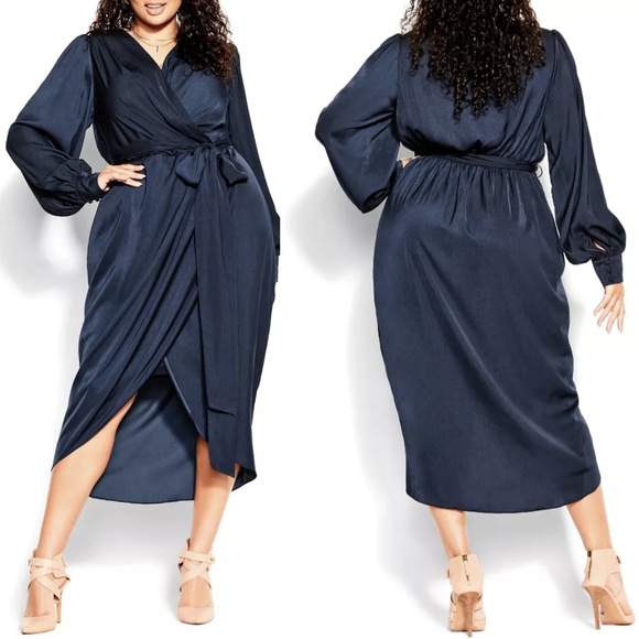 NEW City Chic Opulent Faux Wrap Long Sleeve Belted Midi Dress in Navy Sz. 24 - Picture 2 of 6
